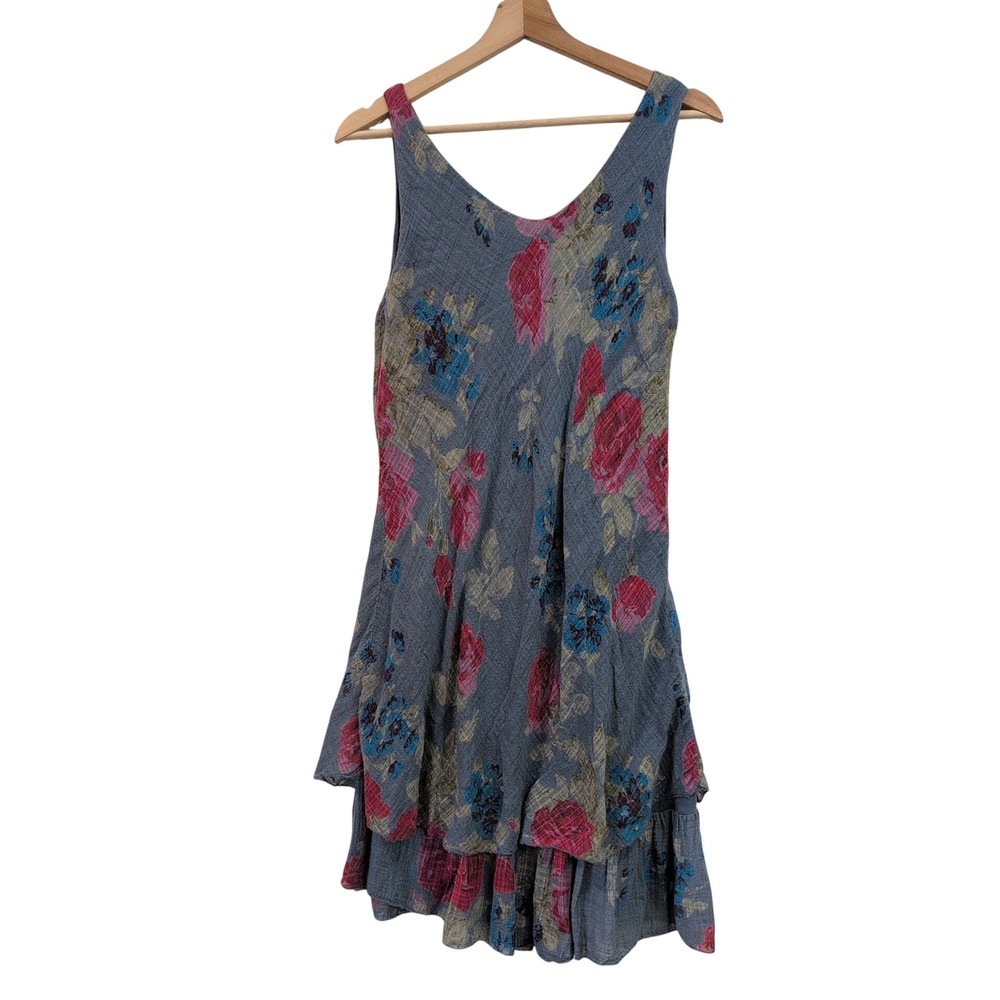 Tempo Paris Blue Floral 100% Cotton Dress Made in Italy Euro Summer Womens Large